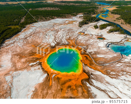 Aerial view of Grand Prismatic Spring in Midway Geyser Basin, Yellowstone National Park, Wyoming, USA. It is the largest hot spring in the United States 95575715