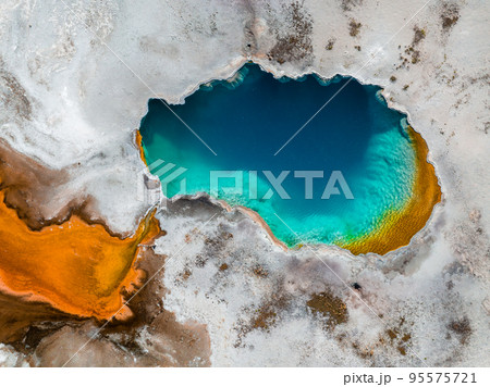 Aerial view of Grand Prismatic Spring in Midway Geyser Basin, Yellowstone National Park, Wyoming, USA. It is the largest hot spring in the United States 95575721