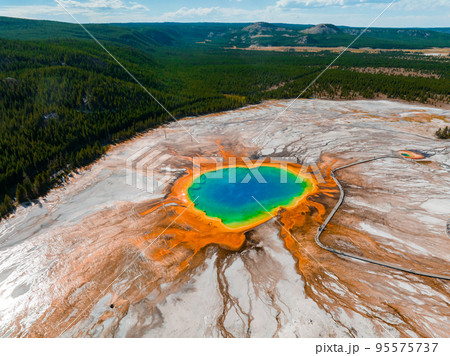 Aerial view of Grand Prismatic Spring in Midway Geyser Basin, Yellowstone National Park, Wyoming, USA. It is the largest hot spring in the United States 95575737