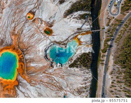 Aerial view of Grand Prismatic Spring in Midway Geyser Basin, Yellowstone National Park, Wyoming, USA. It is the largest hot spring in the United States 95575751