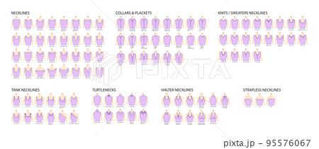 Set of necklines clothes - collars, plackets, knits, sweaters, tops, strapless, turtlenecks, tank technical fashion 95576067