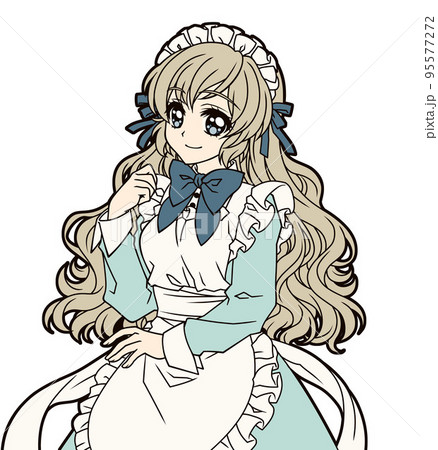 メイド服を着た女の子のアニメ風イラストのイラスト素材 [95577272