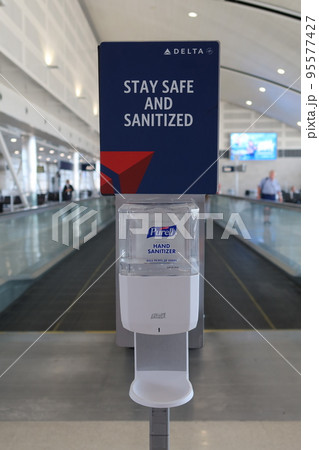Sanitizer placed at DTW Detroit Wayne County Airport in Detroit, MI, USA. August 24, 2022 Sanitizer placed at DTW Detroit Wayne County Airport in Detroit, MI, USA. August 24, 2022 95577427