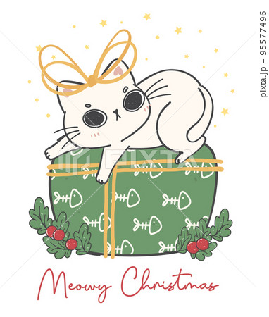 cute grumpy white kitten cat Christmas on green gift box, Meowy Christmas, adorable joyful cartoon animal hand drawing vector 95577496