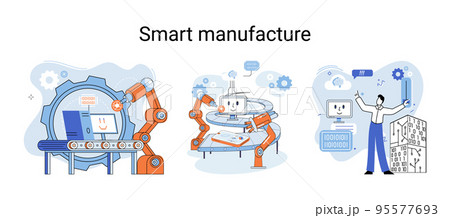Smart manufacture metaphor with automated production line. Innovative contemporary smart industry Smart manufacture metaphor with automated production line. Innovative contemporary smart industry 95577693