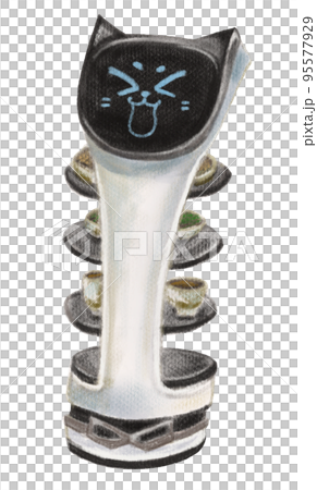 用彩色鉛筆繪製的貓型餐飲機器人的插圖 95577929