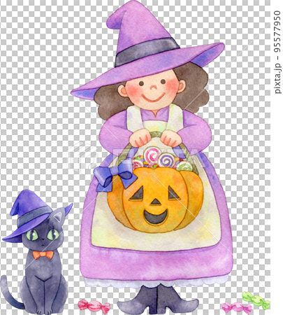 【ハロウィン】お菓子の入ったジャックオランタンのバスケットを持つ魔女と黒猫の水彩イラスト 95577950