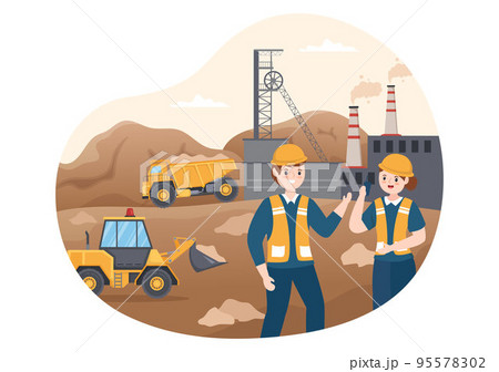Mining Company with Heavy Yellow Dumper Trucks for Coal Mine Industrial Process or Transportation in Flat Cartoon Hand Drawn Templates Illustration 95578302