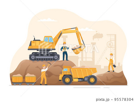 Mining Company with Heavy Yellow Dumper Trucks for Coal Mine Industrial Process or Transportation in Flat Cartoon Hand Drawn Templates Illustration Mining Company with Heavy Yellow Dumper Trucks for Coal Mine Industrial Process or Transportation in Flat Cartoon Hand Drawn Templates Illustration 95578304