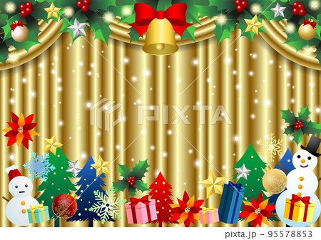 金の緞帳とクリスマス素材フレームの背景ヨコ 95578853