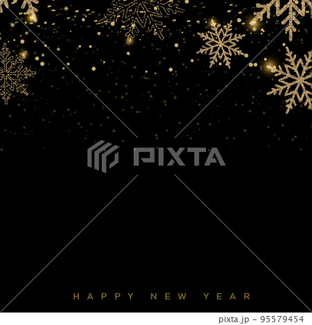 2023 Happy New Year and Merry Christmas card with falling golden snowflakes. Vector 95579454
