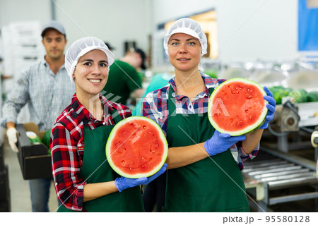 Portrait of two happy smiling factory workers holding halves of ripe red watermelons in hands 95580128