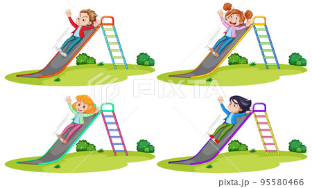 Set of different kids sliding down a slide 95580466