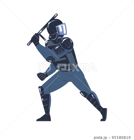 Riot Police Officer and Squad Member in Uniform and Helmet with Baton Fighting Vector Illustration 95580819
