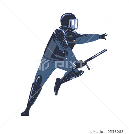 Riot Police Officer and Squad Member in Uniform and Helmet with Baton Fighting Vector Illustration 95580824