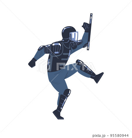 Riot Police Officer and Squad Member in Uniform and Helmet with Baton Fighting Vector Illustration Riot Police Officer and Squad Member in Uniform and Helmet with Baton Fighting Vector Illustration 95580944