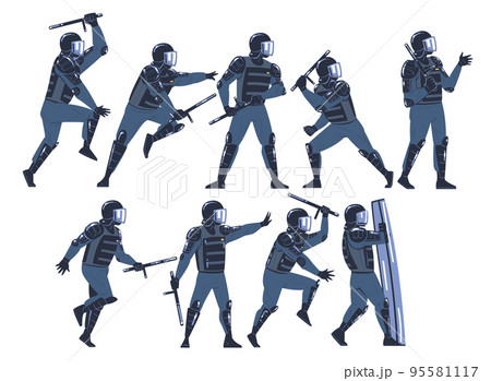 Riot Police Officer and Squad in Uniform and Helmet with Shield and Baton Confronting Crowds Vector Set 95581117
