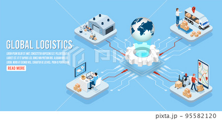 3D isometric Global logistics network concept with Transportation operation service, Export, Import, Cargo, Air, Road, Maritime delivery. Vector illustration EPS 10 95582120