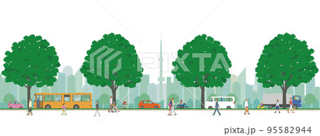 高層ビル群と住宅の歩行者や自動車の横向きのイラスト 95582944
