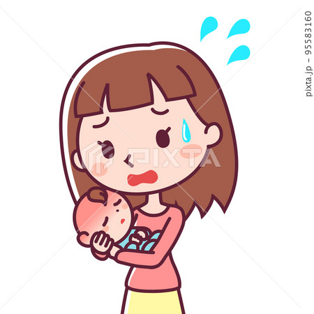 熱を出す赤ちゃんと焦る女性 95583160