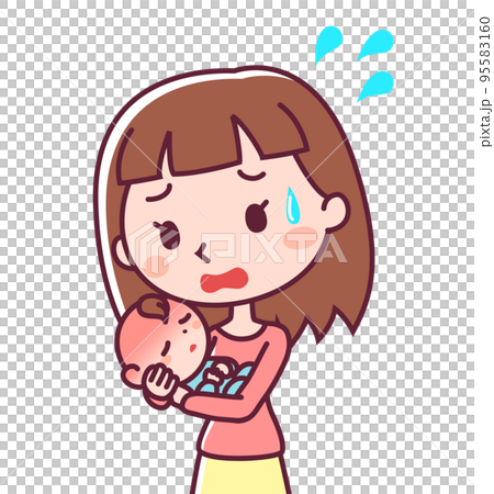 熱を出す赤ちゃんと焦る女性 95583160