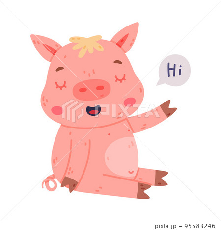 Funny Pink Piggy Character with Hoof Greeting Saying Hi Waving Hand Vector Illustration Funny Pink Piggy Character with Hoof Greeting Saying Hi Waving Hand Vector Illustration 95583246