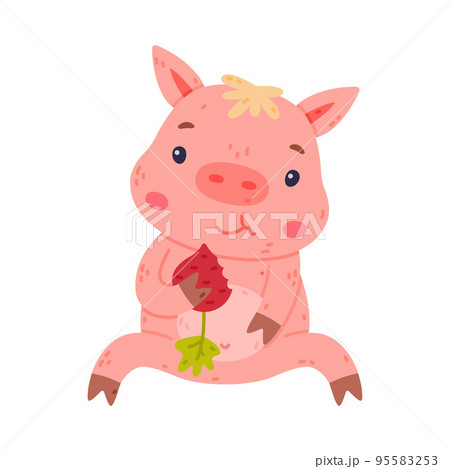 Funny Pink Piggy Character with Hoof Sitting and Eating Vector Illustration 95583253