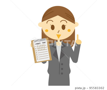 チェックリストについて説明しているスーツの社会人女性・会社員・書類・案内 95583302