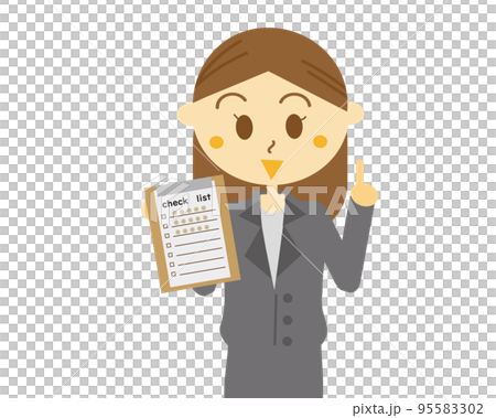 チェックリストについて説明しているスーツの社会人女性・会社員・書類・案内 95583302