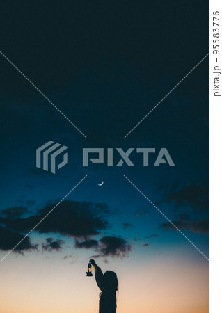 海辺で佇む女性のシルエット写真 海辺で佇む女性のシルエット写真 95583776