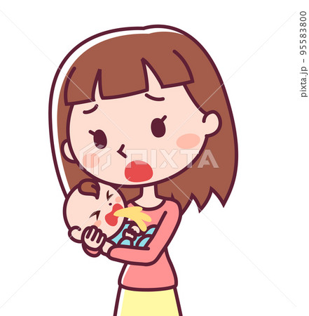 吐く赤ちゃんと心配する母親 95583800