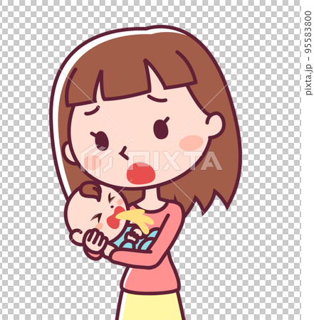 吐く赤ちゃんと心配する母親 95583800