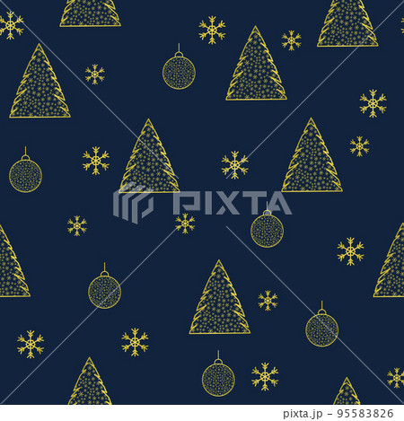 Seamless pattern with fir tree and Christmas balls. Background from snowflakes. Festive flat style design for packaging and print. Vector 95583826