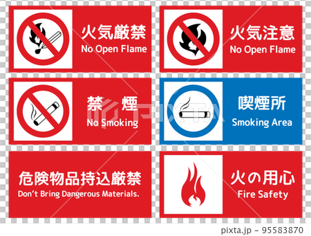 禁止火災，小心火災，禁止吸煙，吸煙區，請勿攜帶危險品，小心火災，招牌，標誌，警告插圖集 95583870