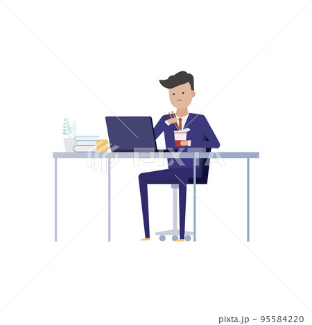カップラーメンを食べながら仕事をする忙しいビジネスパーソンのイラスト素材｜mayucolor03 95584220