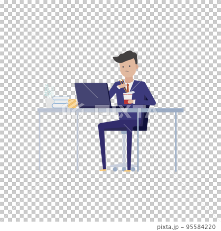 カップラーメンを食べながら仕事をする忙しいビジネスパーソンのイラスト素材｜mayucolor03 95584220