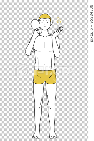 脱毛した男性の線画、鏡を見て落ち込むポーズ 95584539