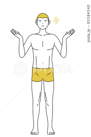脱毛した男性の線画、両手を広げて困るポーズ 95584540