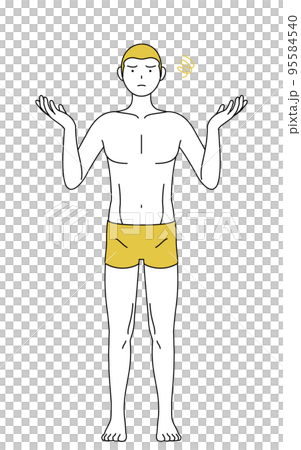 脱毛した男性の線画、両手を広げて困るポーズ 95584540