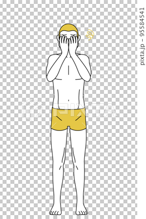 脱毛した男性の線画、両手で顔を隠して落ち込むポーズ 95584541