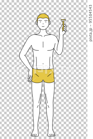 脱毛した男性の線画、剃刀を持つポーズ 95584543
