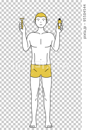 Line drawing of a depilated man, posing with depilatory cream and razor Line drawing of a depilated man, posing with depilatory cream and razor 95584544