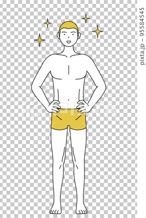 一個脫髮男人的線條畫,一個把手放在腰上,伸展胸膛的姿勢 一個脫髮男人的線條畫,一個把手放在腰上,伸展胸膛的姿勢 95584545