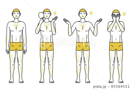 体毛が濃くて悩んでいる男性の線画ポーズセット、毛深くて困っているポーズ 95584551