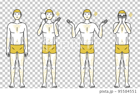体毛が濃くて悩んでいる男性の線画ポーズセット、毛深くて困っているポーズ 95584551