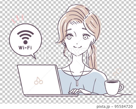 ノートパソコンをWi-Fiに繋ぐおしゃれな女性の人物イラスト素材 ノートパソコンをWi-Fiに繋ぐおしゃれな女性の人物イラスト素材 95584720