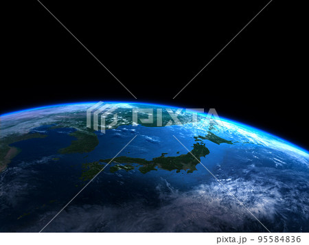 地球　日本列島　夜明け　黒背景 95584836