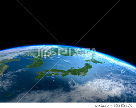 地球　日本列島　夜明け　黒背景 95585276