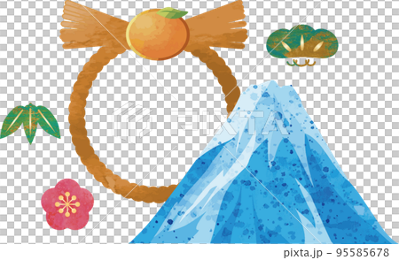 Mount Fuji and New Year's decoration watercolor illustration frame background material 95585678