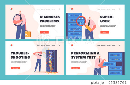 System Administrator Work Landing Page Template Set. Sysadmin Character Work on Computer, Doing Technical Routine System Administrator Work Landing Page Template Set. Sysadmin Character Work on Computer, Doing Technical Routine 95585761